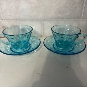 Vintage Hazel Atlas Capri Dot Glass Tea Cups & Saucers Aqua Blue - Set of 2 MCM